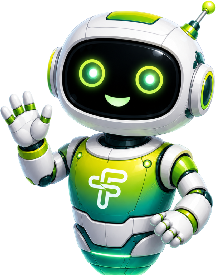 FinBot, TeenFin's robot guide, waving hello