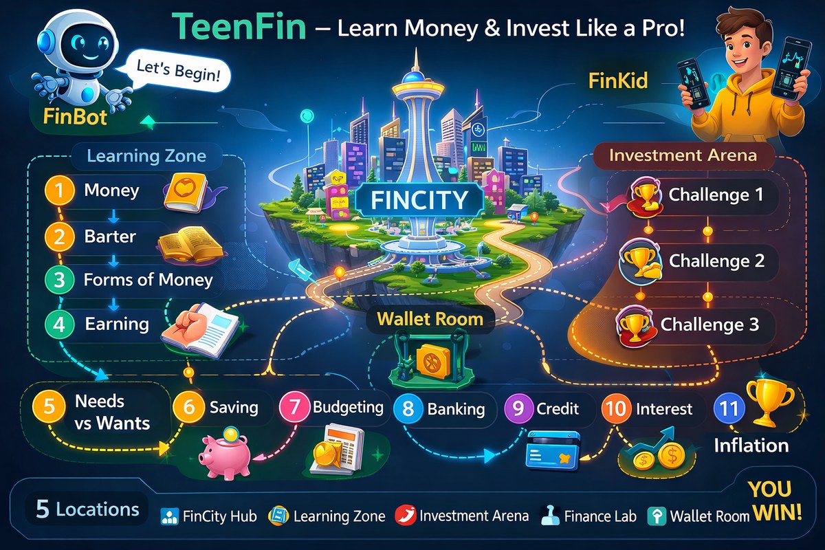 The TeenFin map of FinCity, showing the Learning Zone path and the Investment Arena challenges